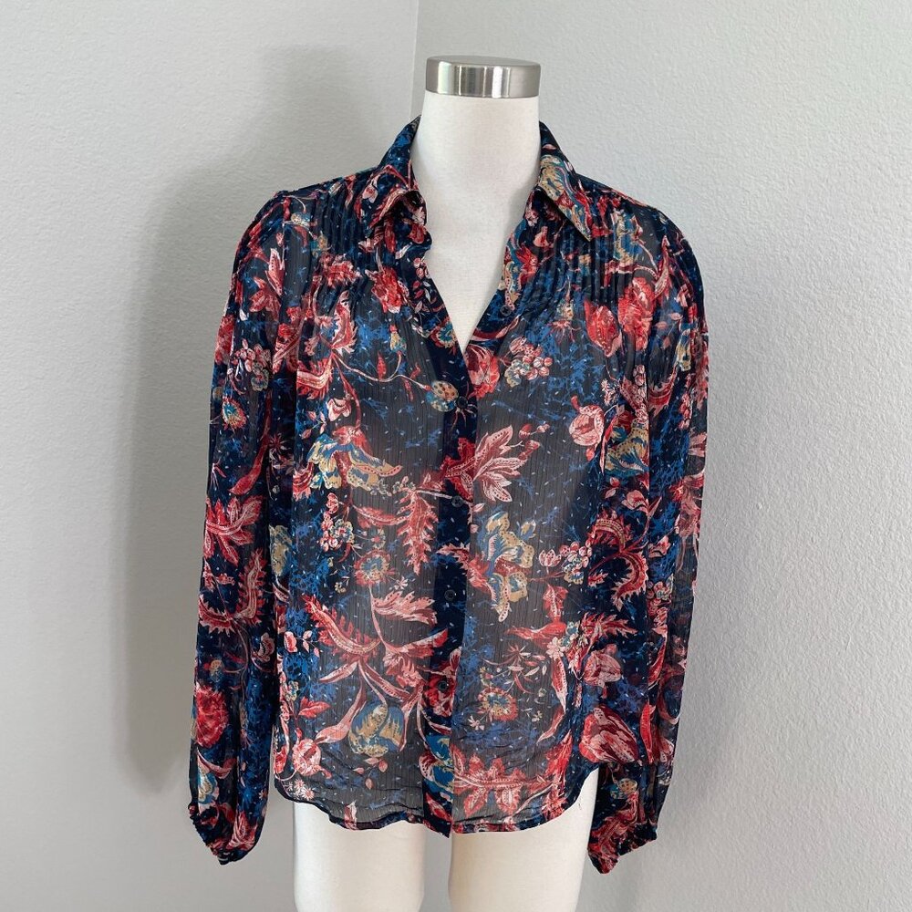 Express Womens Small Sheer Floral Button Up Blouse Long Sleeve Shirt Top‎